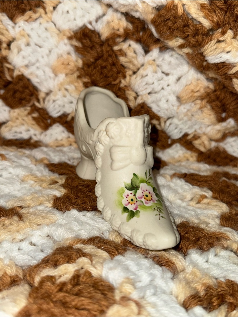 Vintage Porcelain Decorative Shoe with Hand-Painted Floral Detail